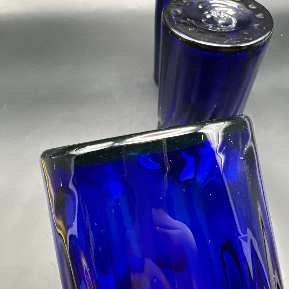 Set Of 3 Hand Blown Mexican Glasses Cobalt Blue Swirl Green Rim ~5" - Picture 7 of 14